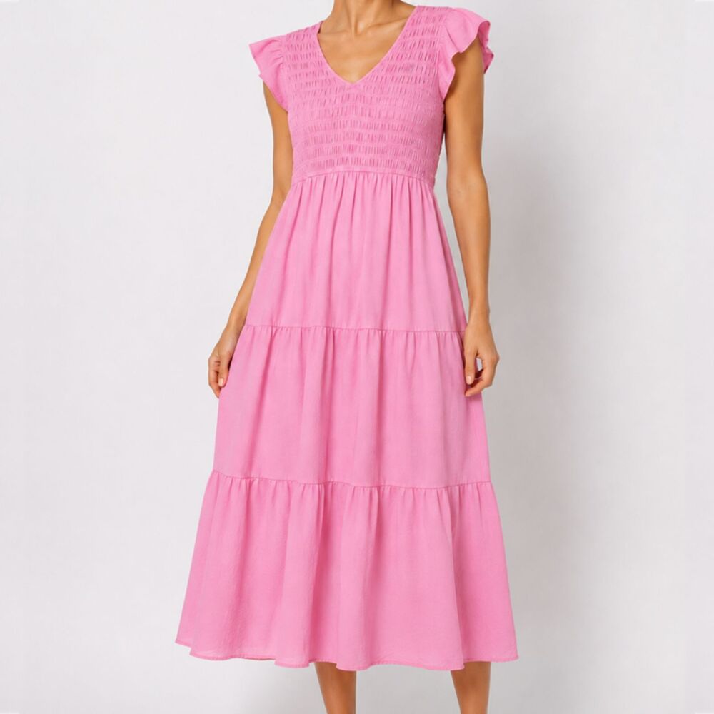 By The River Pink Smocked Tiered Midi Dress Sz M Flutter Sleeve Lined Cottagecor
